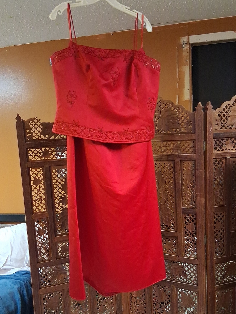 Michaelangelo Red Satin Embroidered Two-Piece Dress Set-39